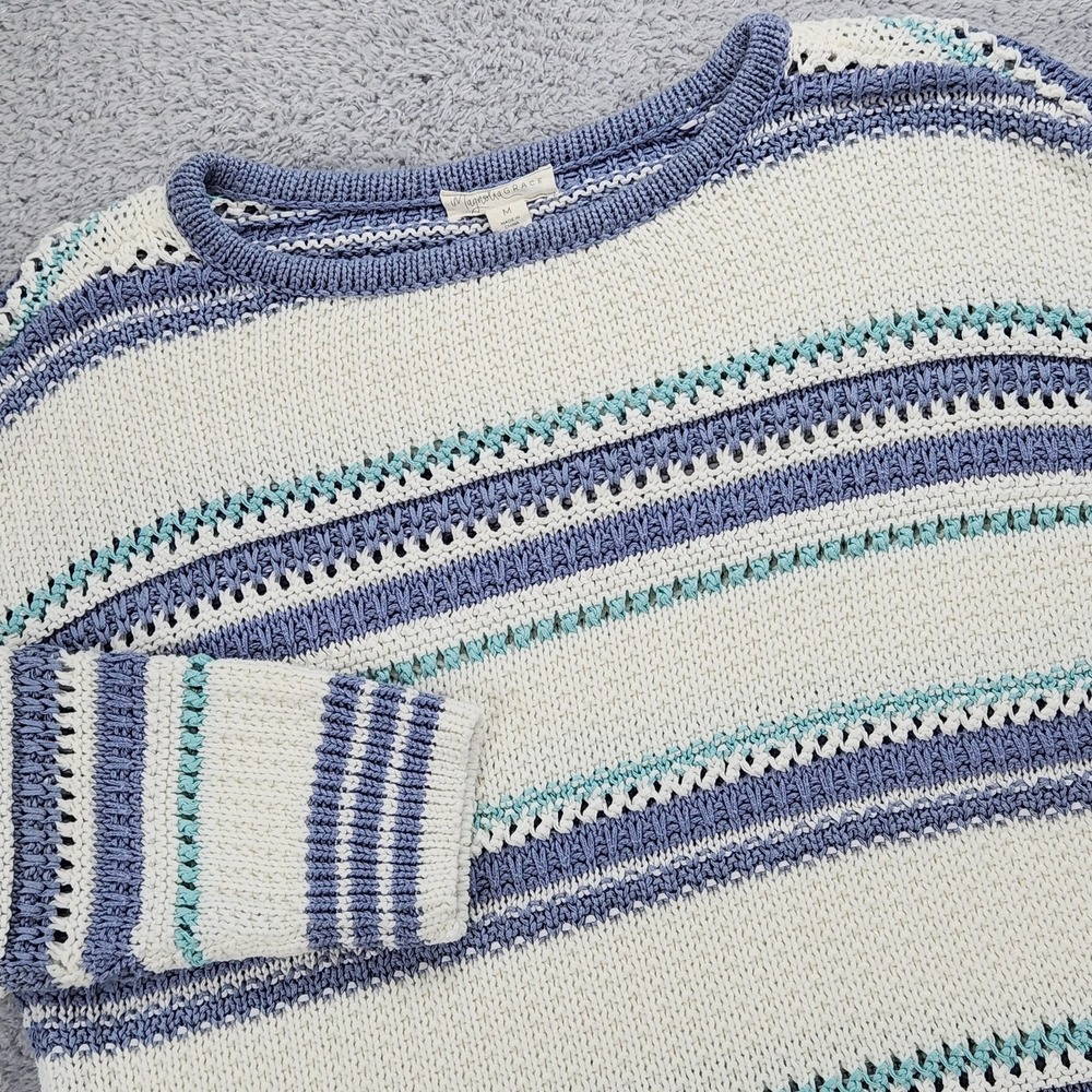 Magnolia Grace Sweater Womens Medium White Blue Striped Open Knit Pullover Top - Picture 2 of 12